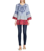 Calessa Patchwork Print Embroidered Split Round Neck 3/4 Tiered Ruffle Sleeve Tunic