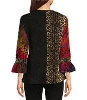 Calessa Patchwork Stretch Split V-Neck 3/4 Ruffled Sleeve Top