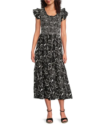 Calessa Petite Size Abstract Floral Scoop Neck Cap Sleeve A-Line Midi Dress