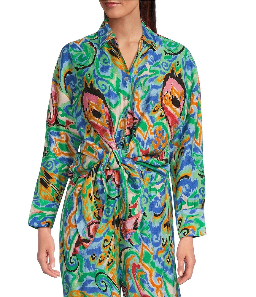 Calessa Petite Size Coordinating Abstract Mosaic Print Point Collar Long Sleeve Tie-Front Blouse