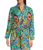 Calessa Petite Size Coordinating Abstract Mosaic Print Point Collar Long Sleeve Tie-Front Blouse