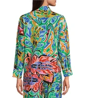 Calessa Petite Size Coordinating Abstract Mosaic Print Point Collar Long Sleeve Tie-Front Blouse