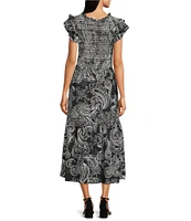 Calessa Petite Size Abstract Paisley Scoop Neck Ruffle Cap Sleeve Midi Dress