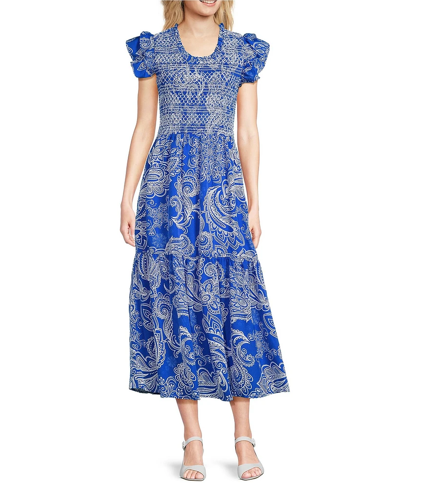 Calessa Petite Size Abstract Paisley Scoop Neck Short Sleeve Tiered Smocked Ruffle Midi Dress