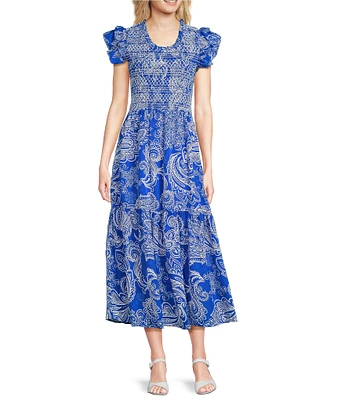 Calessa Petite Size Abstract Paisley Scoop Neck Short Sleeve Tiered Smocked Ruffle Midi Dress