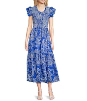 Calessa Petite Size Abstract Paisley Scoop Neck Short Sleeve Tiered Smocked Ruffle Midi Dress