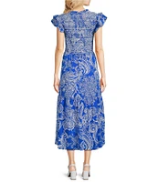 Calessa Petite Size Abstract Paisley Scoop Neck Short Sleeve Tiered Smocked Ruffle Midi Dress