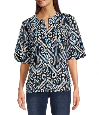 Calessa Petite Size Abstract Print Split V-Neck Elbow Balloon Sleeve Blouse