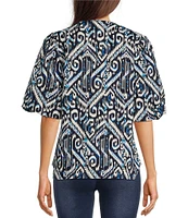 Calessa Petite Size Abstract Print Split V-Neck Elbow Balloon Sleeve Blouse