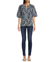 Calessa Petite Size Abstract Print Split V-Neck Elbow Balloon Sleeve Blouse