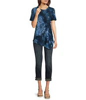 Calessa Petite Size Burnout Knit Round Neck Short Sleeve Asymmetric Hem Tunic