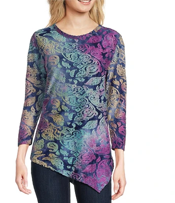 Calessa Petite Size Burnout Knit Tie-Dye Crew Neck 3/4 Sleeve Asymmetrical Hem Tunic
