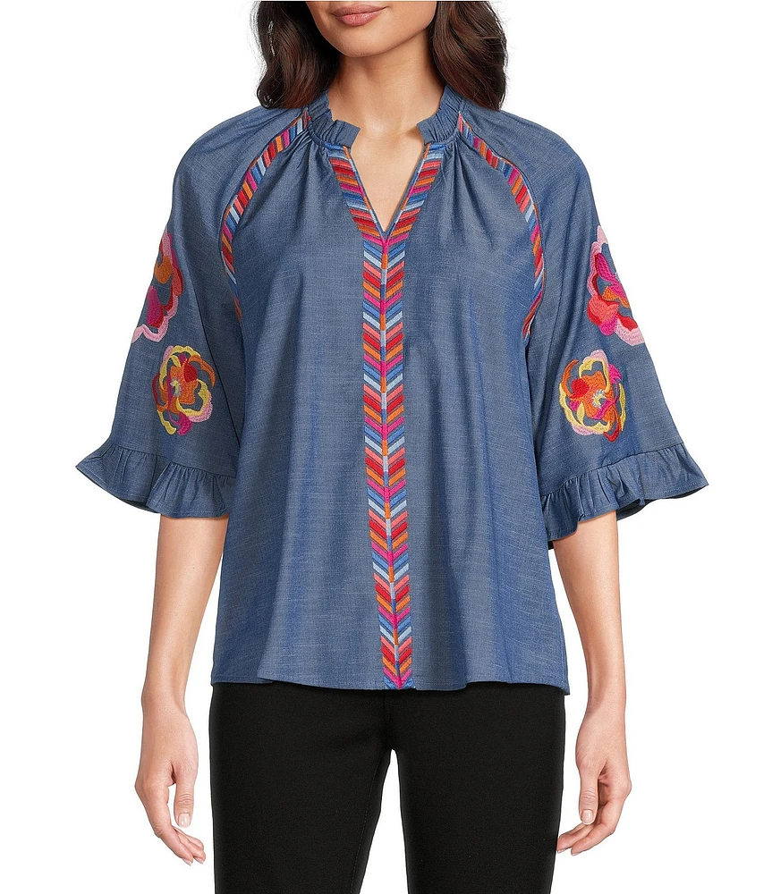 Calessa Petite Size Burnout Round Neck Long Sleeve Stretch Knit top