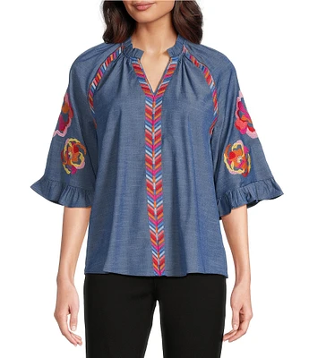 Calessa Petite Size Burnout Round Neck Long Sleeve Stretch Knit top