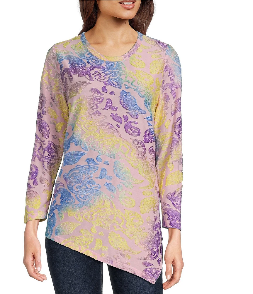 Calessa Petite Size Burnout Tie-Dye Crew Neck 3/4 Sleeve Asymmetrical Hem Tunic