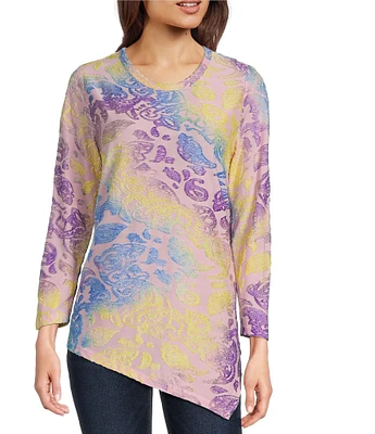 Calessa Petite Size Burnout Tie-Dye Crew Neck 3/4 Sleeve Asymmetrical Hem Tunic