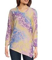 Calessa Petite Size Burnout Tie-Dye Crew Neck 3/4 Sleeve Asymmetrical Hem Tunic