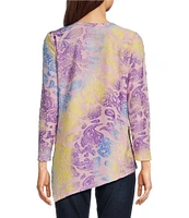 Calessa Petite Size Burnout Tie-Dye Crew Neck 3/4 Sleeve Asymmetrical Hem Tunic