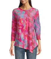Calessa Petite Size Burnout Tie-Dye Crew Neck 3/4 Sleeve Tunic
