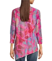 Calessa Petite Size Burnout Tie-Dye Crew Neck 3/4 Sleeve Tunic