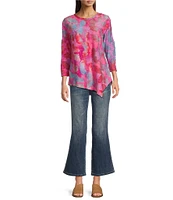 Calessa Petite Size Burnout Tie-Dye Crew Neck 3/4 Sleeve Tunic