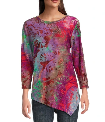 Calessa Petite Size Burnout Tie-Dye Crew Neck Bracelet Sleeve Asymmetric Hem Tunic