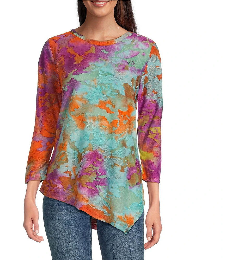 Calessa Petite Size Burnout Tie-Dye Crew Neck 3/4 Sleeve Asymmetric Hem Tunic