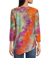 Calessa Petite Size Burnout Tie-Dye Crew Neck 3/4 Sleeve Asymmetric Hem Tunic