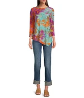 Calessa Petite Size Burnout Tie-Dye Crew Neck 3/4 Sleeve Asymmetric Hem Tunic