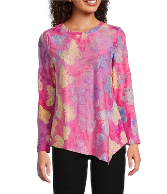 Calessa Petite Size Burnout Tie-Dye Crew Neck Long Sleeve Asymmetrical Hem Tunic