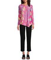 Calessa Petite Size Burnout Tie-Dye Crew Neck Long Sleeve Asymmetrical Hem Tunic