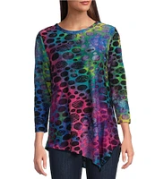 Calessa Petite Size Burnout Tie-Dye Knit Crew Neck 3/4 Sleeve Asymmetrical Top