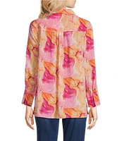 Calessa Petite Size Desert Floral Print Point Collar Long Sleeve Button Front Shirt