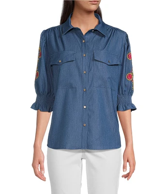 Calessa Petite Size Embroidered 3/4 Sleeve Point Collar Button Front Shirt