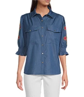 Calessa Petite Size Embroidered 3/4 Sleeve Point Collar Button Front Shirt