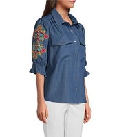 Calessa Petite Size Embroidered 3/4 Sleeve Point Collar Button Front Shirt