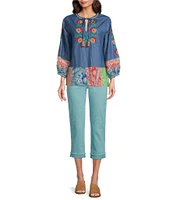 Calessa Petite Size Embroidered Border Patchwork Tassel Tie Keyhole Neck Wrist Length Sleeve Tunic