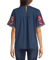 Calessa Petite Size Embroidered Crew Neck Short Sleeve Top