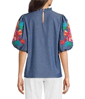 Calessa Petite Size Embroidered Elbow Sleeve Ruffle Mock Neck Tunic