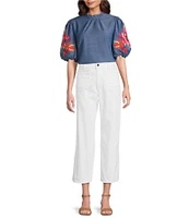 Calessa Petite Size Embroidered Elbow Sleeve Ruffle Mock Neck Tunic