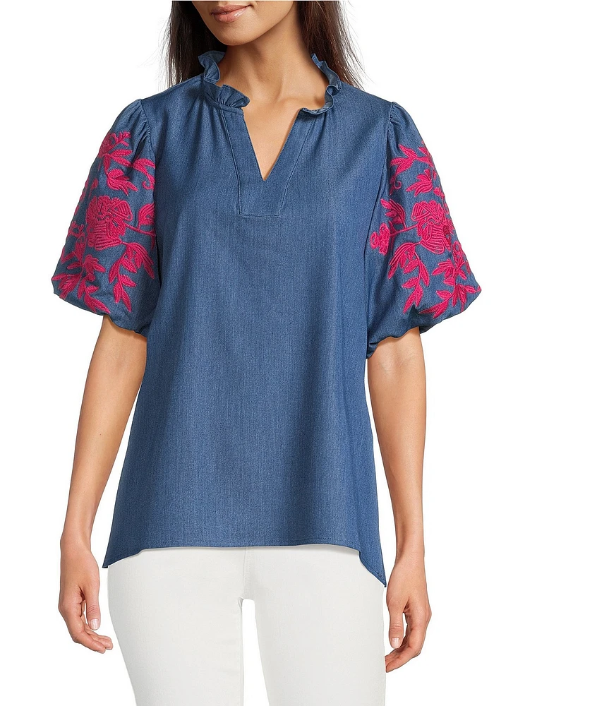 Calessa Petite Size Embroidered Elbow Sleeve Split V-Neck Tunic