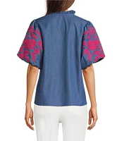 Calessa Petite Size Embroidered Elbow Sleeve Split V-Neck Tunic