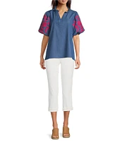 Calessa Petite Size Embroidered Elbow Sleeve Split V-Neck Tunic