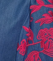 Calessa Petite Size Embroidered Elbow Sleeve Split V-Neck Tunic