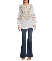 Calessa Petite Size Embroidered Floral Patchwork Split V-Neck 3/4 Sleeve Tunic