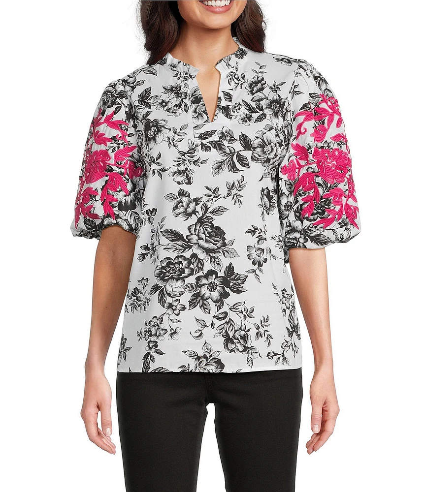 Calessa Petite Size Embroidered Forest Floral Split V-Neck Short Balloon Sleeve Tunic