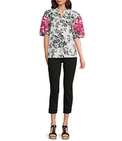 Calessa Petite Size Embroidered Forest Floral Split V-Neck Short Balloon Sleeve Tunic