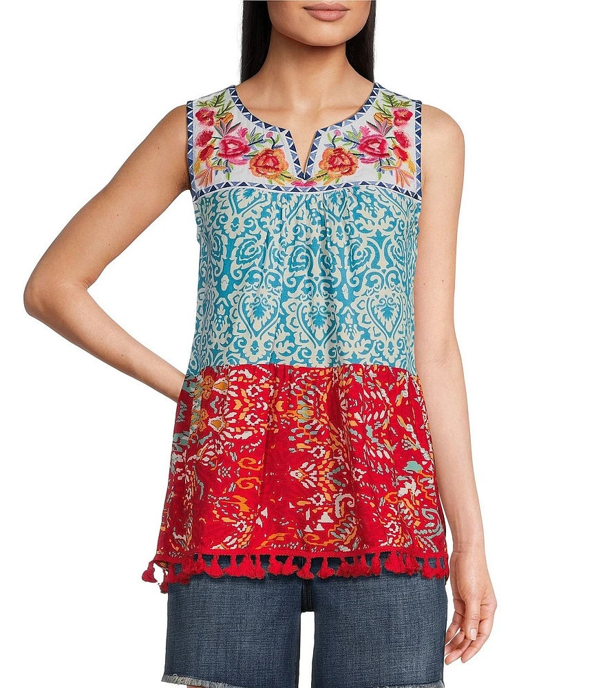 Calessa Petite Size Embroidered Patchwork Peasant Split V-Neck Sleeveless Blouse