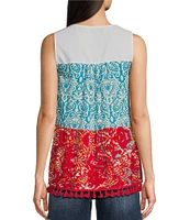 Calessa Petite Size Embroidered Patchwork Peasant Split V-Neck Sleeveless Blouse