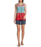 Calessa Petite Size Embroidered Patchwork Peasant Split V-Neck Sleeveless Blouse